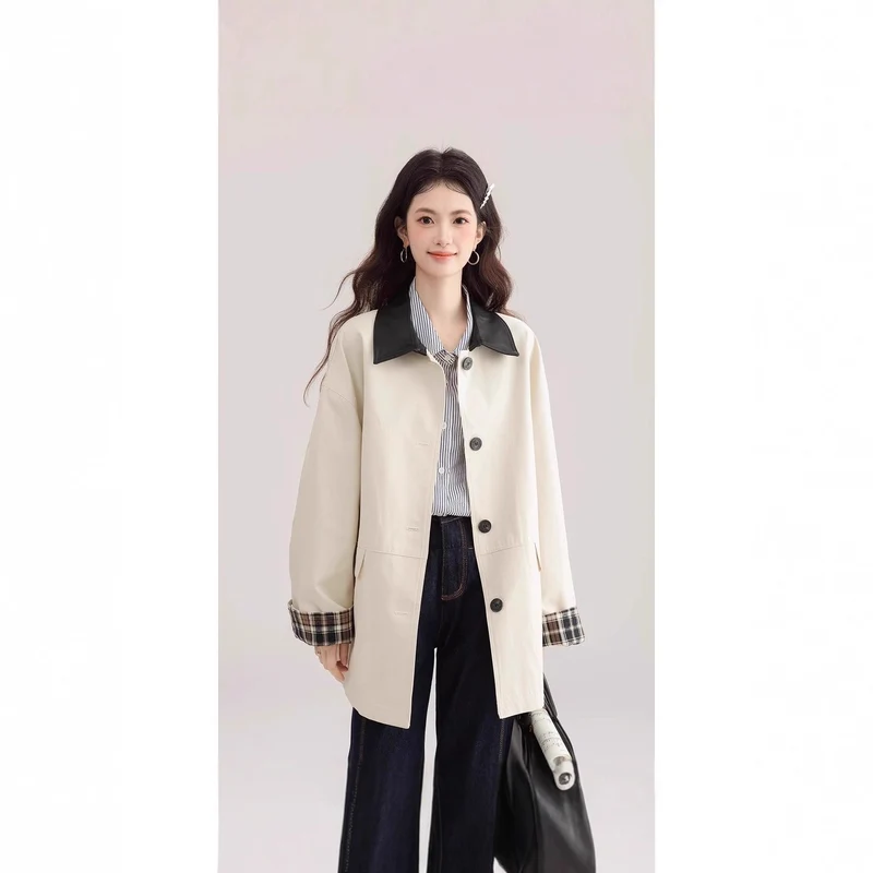 Damen Oversized Trenchcoat mit Kontrastkragen und Karo-Futter Nord Taschen