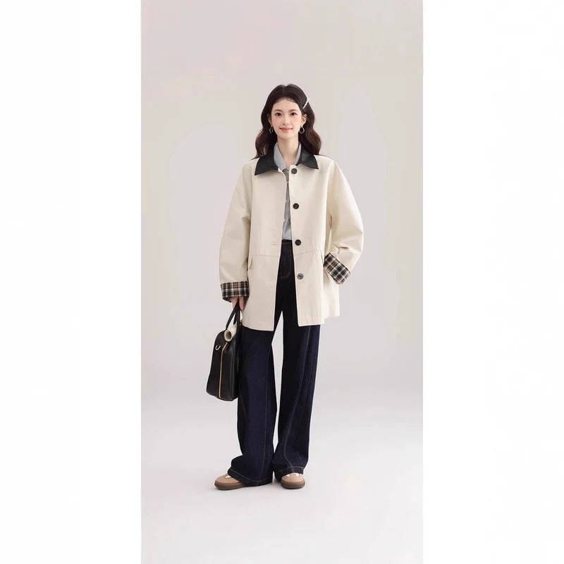 Damen Oversized Trenchcoat mit Kontrastkragen und Karo-Futter Nord Taschen