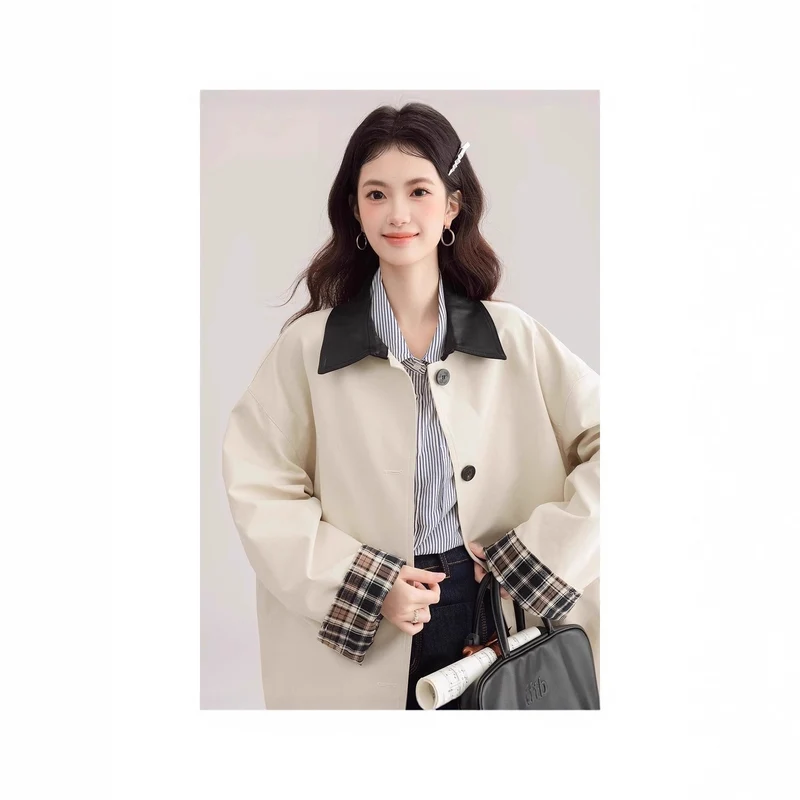 Damen Oversized Trenchcoat mit Kontrastkragen und Karo-Futter Nord Taschen