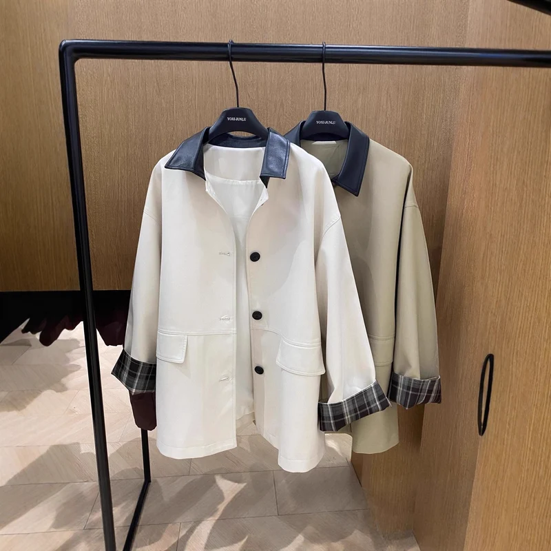Damen Oversized Trenchcoat mit Kontrastkragen und Karo-Futter Nord Taschen