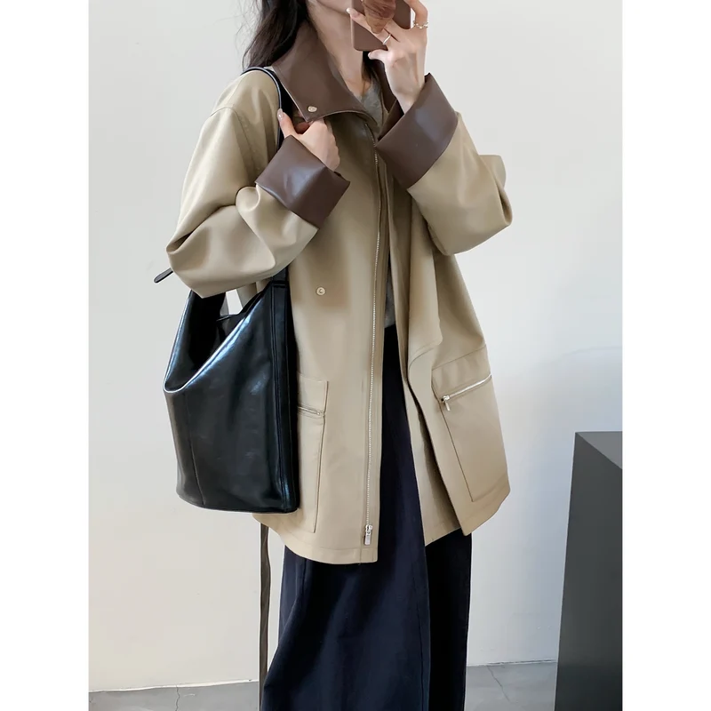 Damen Oversized Trenchcoat mit kontrastierenden Lederbesätzen und Reißverschluss Nord Taschen