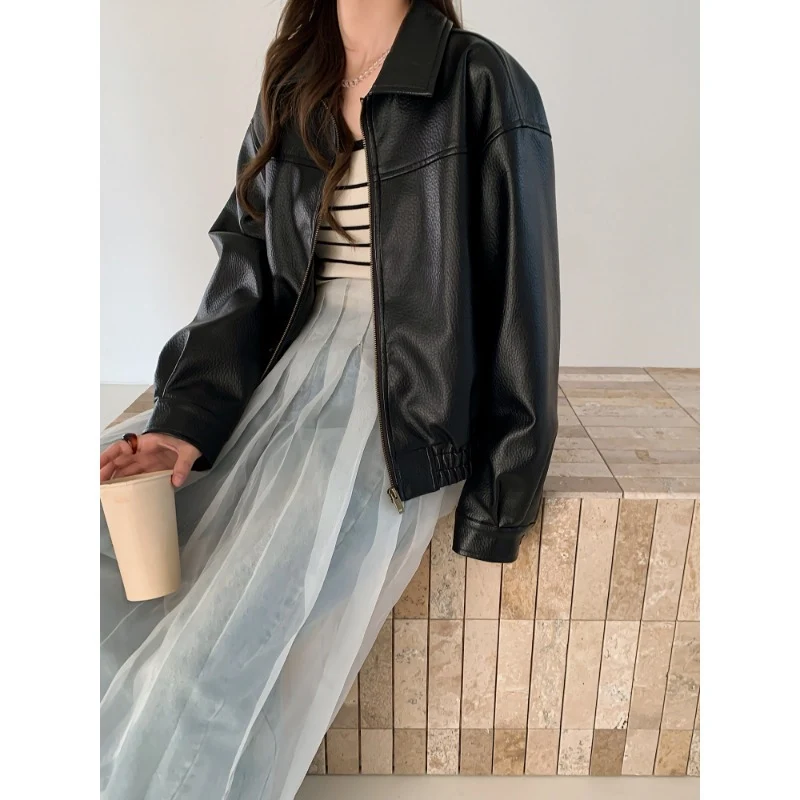 Damen Oversized Kunstleder Bomberjacke mit Reißverschluss Nord Taschen