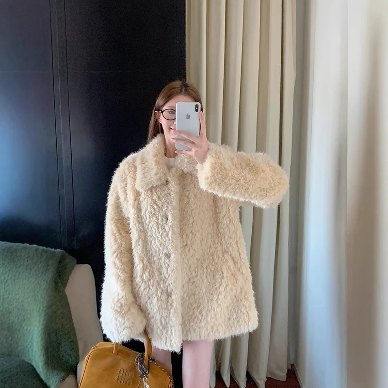 Damen Oversized Kunstfell‑Mantel mit Teddy‑Optik, Stehkragen und Eingrifftaschen Nord Taschen