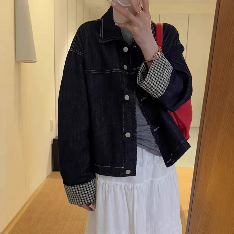 Damen Oversized Jeansjacke mit kontrastiertem Karo-Futter und Umschlagmanschetten Nord Taschen