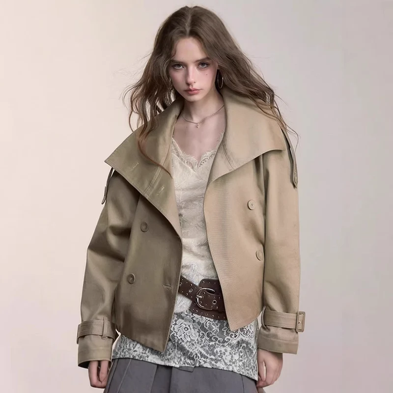 Damen Oversized Doppelreihige Trench-Bomberjacke mit hohem Stehkragen Nord Taschen