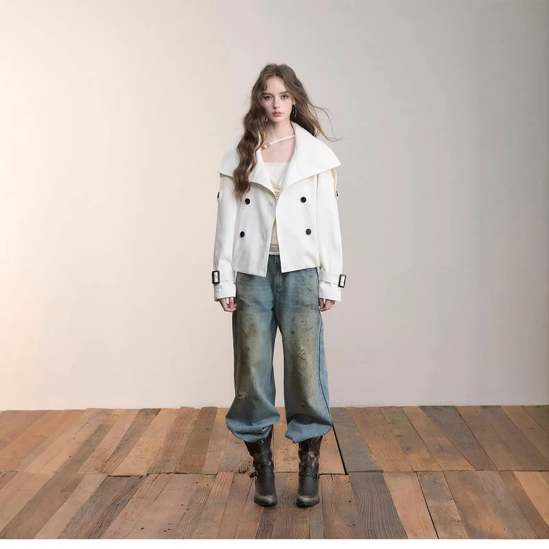 Damen Oversized Doppelreihige Trench-Bomberjacke mit hohem Stehkragen Nord Taschen
