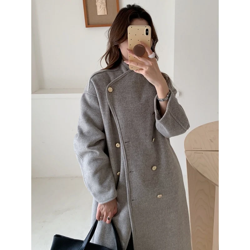 Damen Oversize Wollmix-Mantel mit doppelreihiger Knopfleiste, Stehkragen und überschnittener Schulter Nord Taschen