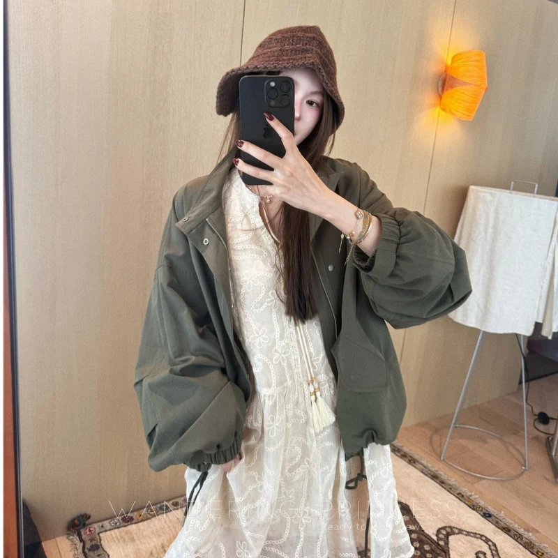 Damen Oversize Utility-Jacke mit Ballonärmeln und Kordelzug Nord Taschen