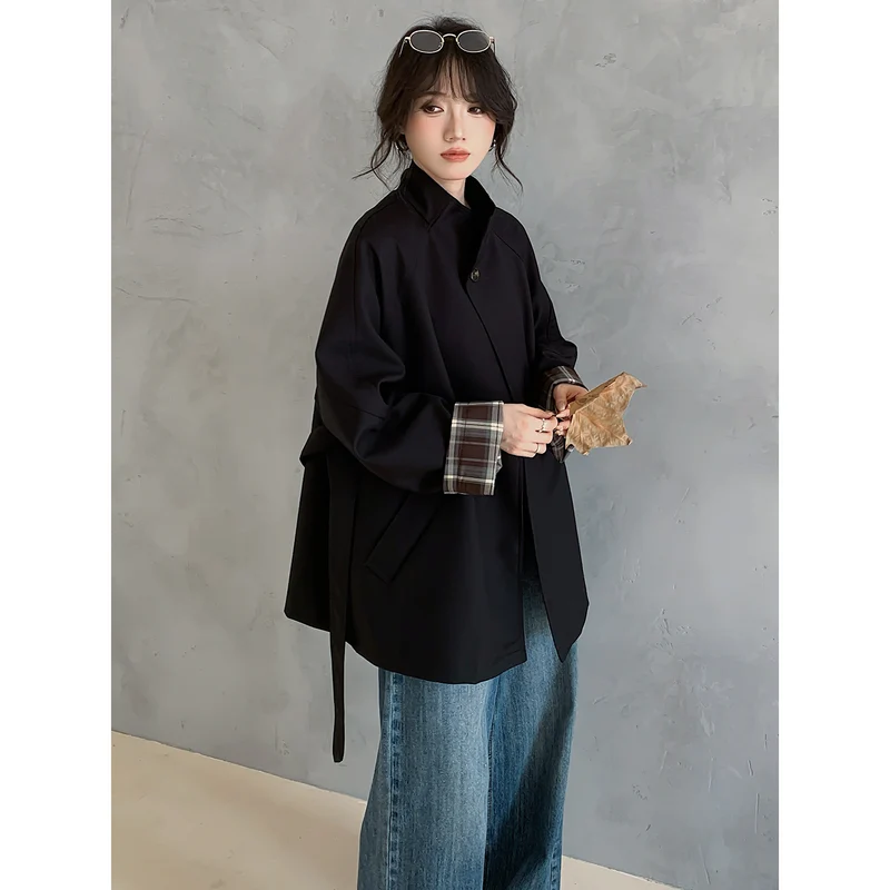 Damen Oversize Trenchcoat mit Taillengürtel und karierter Ärmelaufschlag Nord Taschen