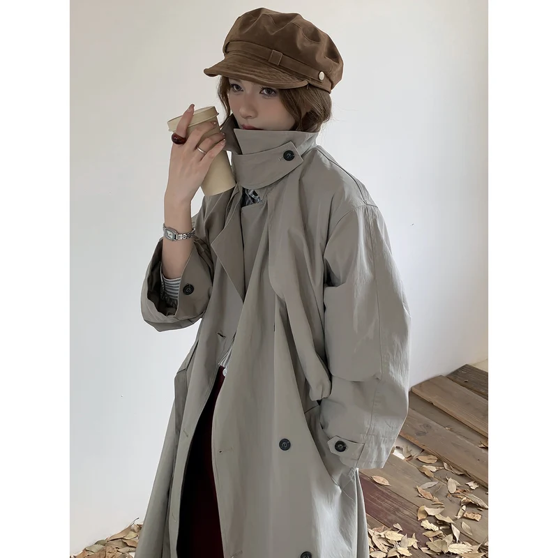 Damen Oversize Trenchcoat mit hohem Stehkragen und doppelreihiger Knopfleiste Nord Taschen