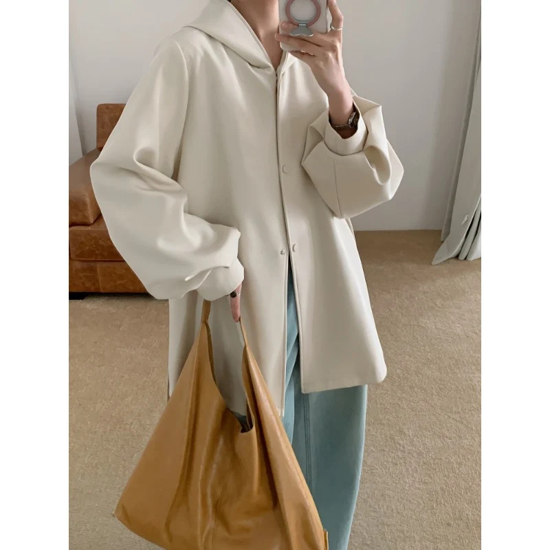 Damen Oversize Midimantel mit Kapuze, verdeckter Knopfleiste und voluminösen Ärmeln Nord Taschen