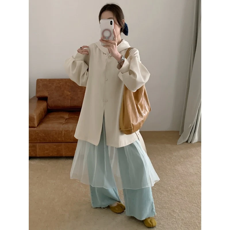 Damen Oversize Midimantel mit Kapuze, verdeckter Knopfleiste und voluminösen Ärmeln Nord Taschen