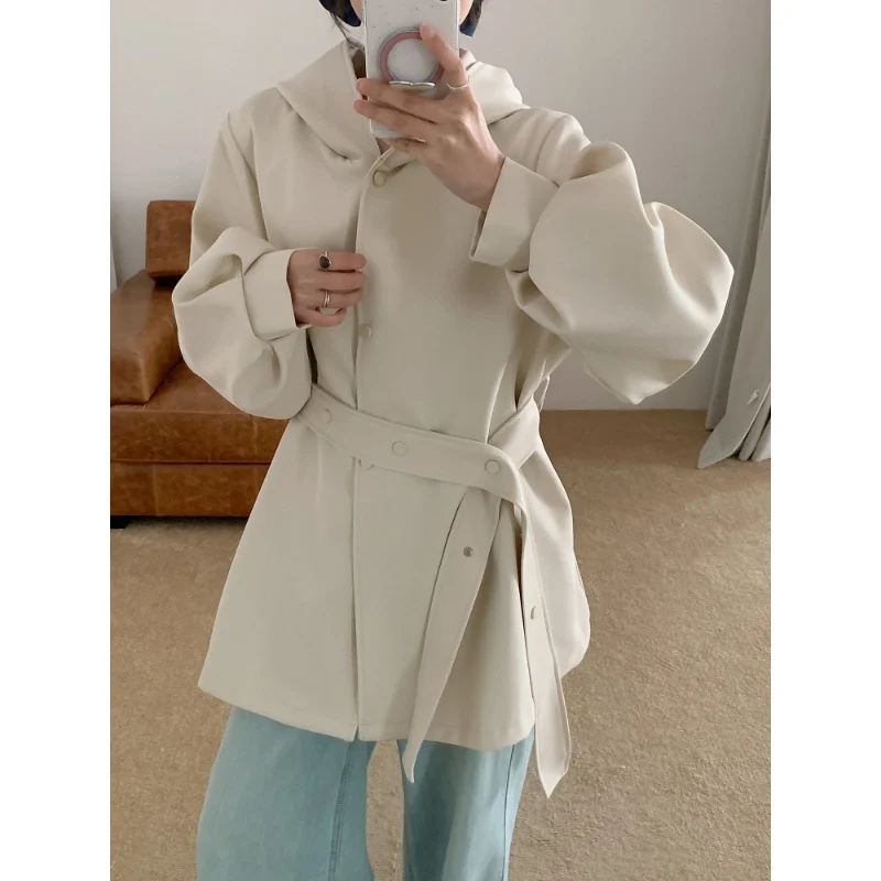Damen Oversize Midimantel mit Kapuze, verdeckter Knopfleiste und voluminösen Ärmeln Nord Taschen