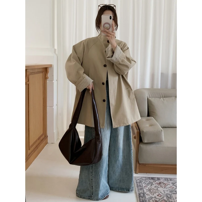 Damen Oversize-Mantel mit Stehkragen und kariertem Ärmelsaum Nord Taschen