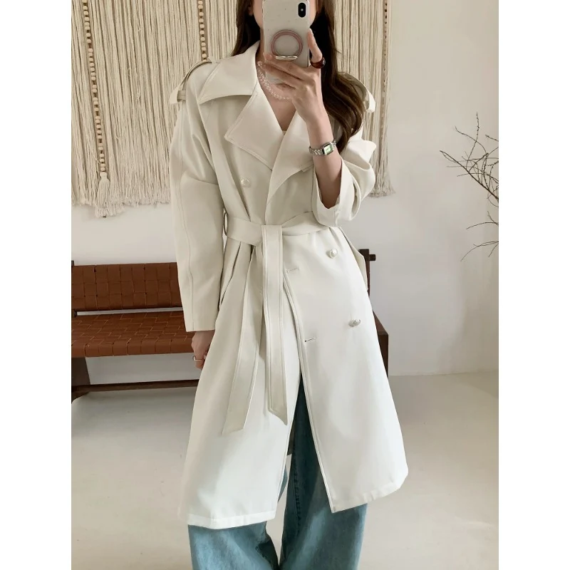 Damen Midilanger Trenchcoat mit Oversize-Schultern und Perlmuttknöpfen Nord Taschen