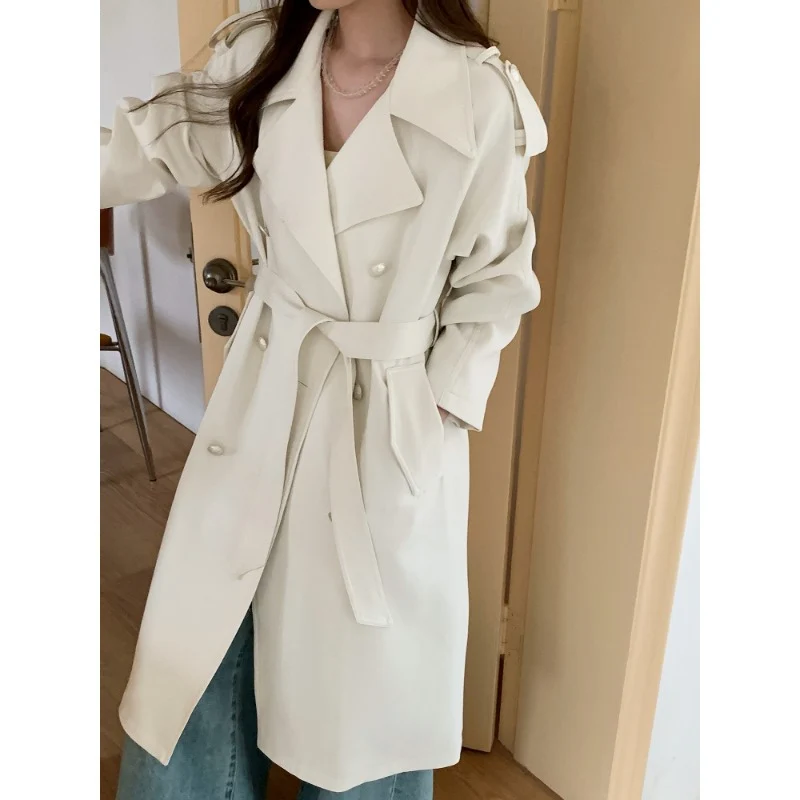 Damen Midilanger Trenchcoat mit Oversize-Schultern und Perlmuttknöpfen Nord Taschen
