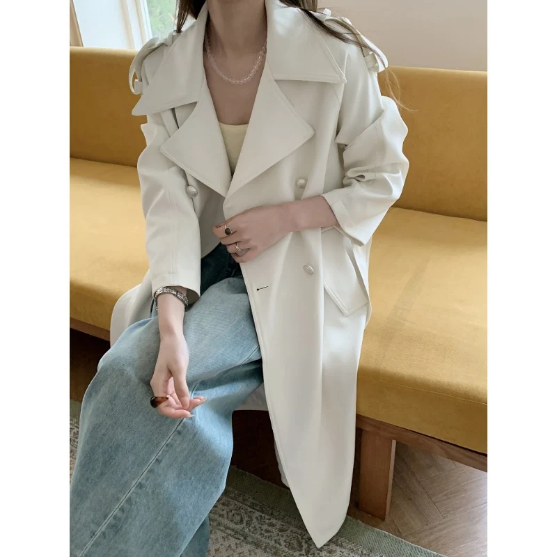 Damen Midilanger Trenchcoat mit Oversize-Schultern und Perlmuttknöpfen Nord Taschen