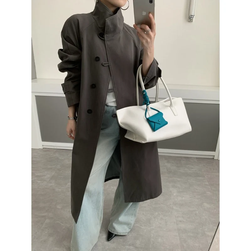 Damen Midilanger Trenchcoat mit hohem Stehkragen, Bindegürtel und lässiger Oversize-Silhouette Nord Taschen