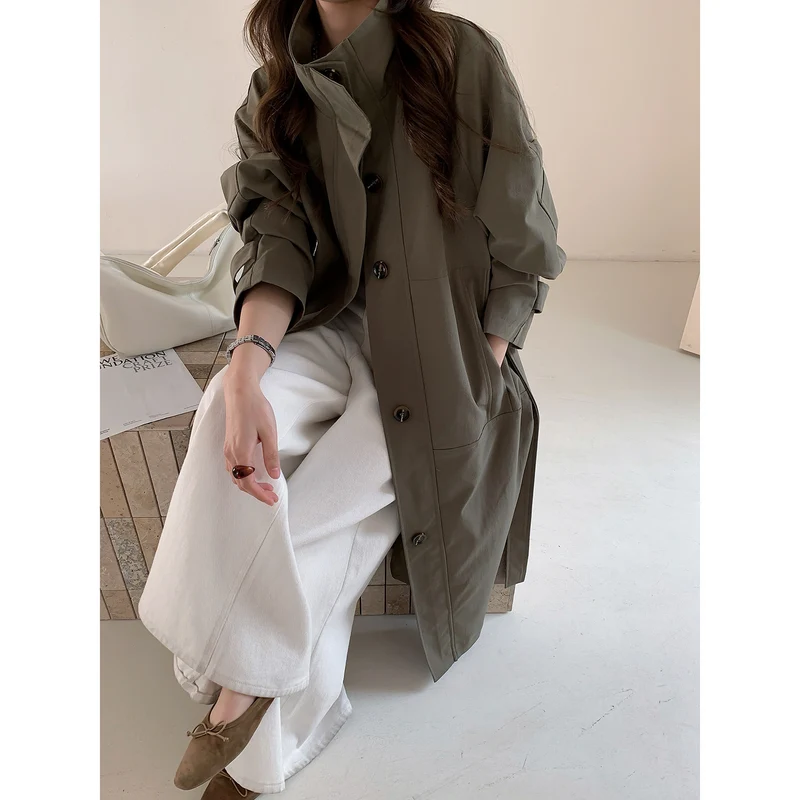 Damen Leichter Oversize-Trenchcoat mit Stehkragen und großen Eingrifftaschen Nord Taschen