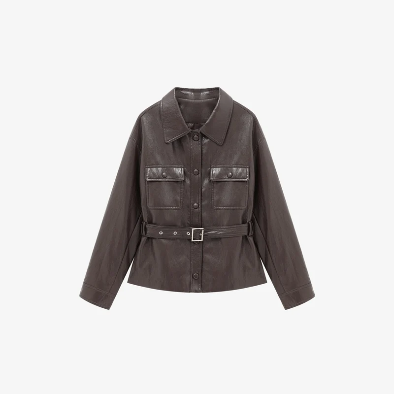 Damen Lederjacke im Oversize-Utility-Stil mit Taillengürtel Nord Taschen