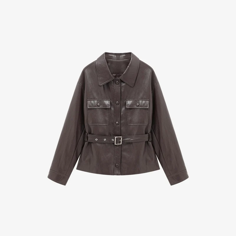 Damen Lederjacke im Oversize-Utility-Stil mit Taillengürtel Nord Taschen
