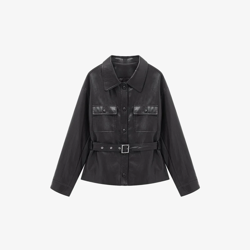 Damen Lederjacke im Oversize-Utility-Stil mit Taillengürtel Nord Taschen