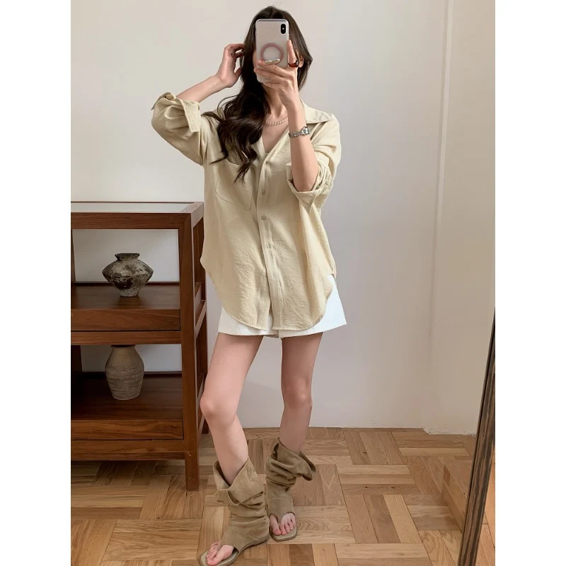 Damen Lässiges Leinenoptik-Longshirt mit Oversize-Schnitt und Brusttasche Nord Taschen