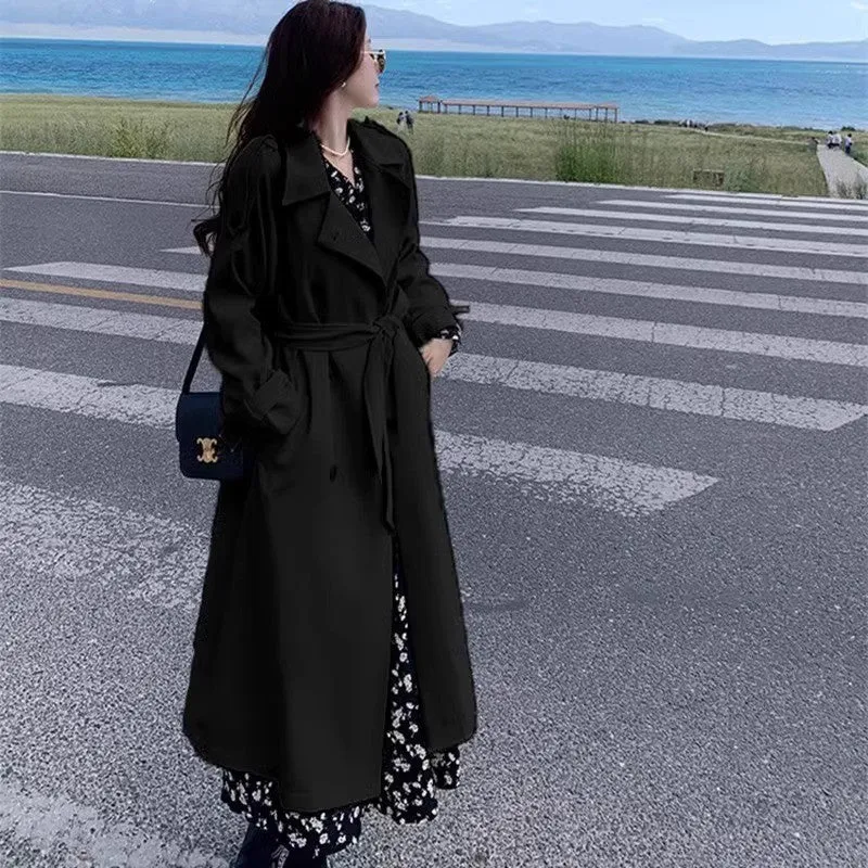 Damen Langer Oversize-Trenchcoat mit Ballonärmeln und Bindegürtel Nord Taschen