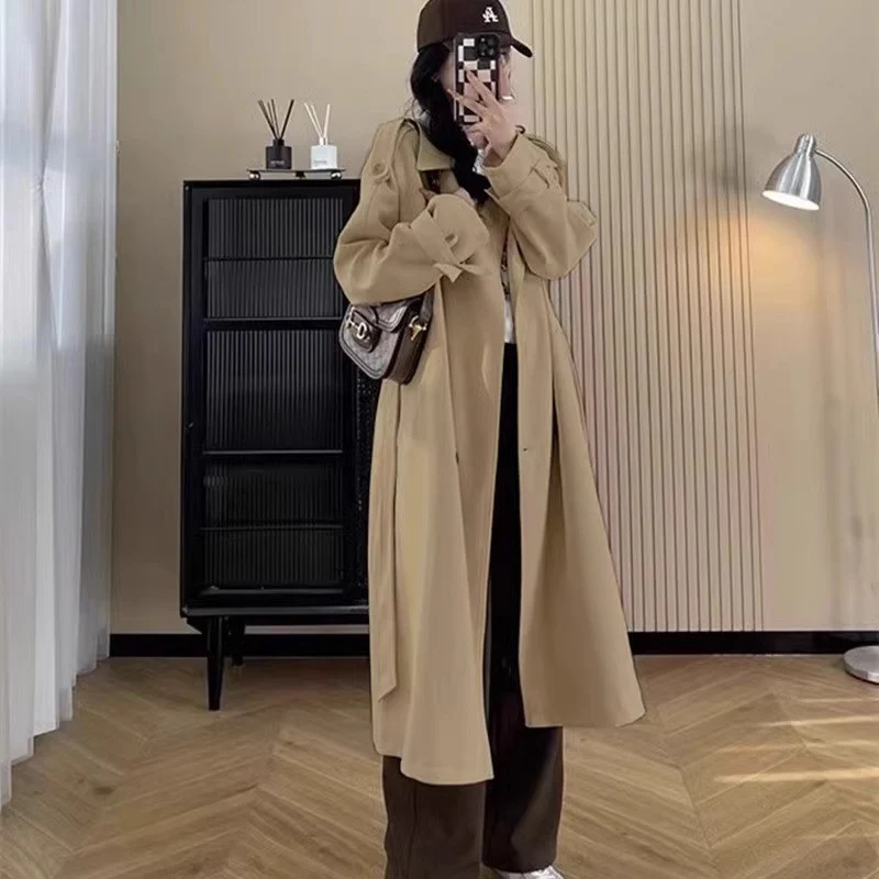 Damen Langer Oversize-Trenchcoat mit Ballonärmeln und Bindegürtel Nord Taschen