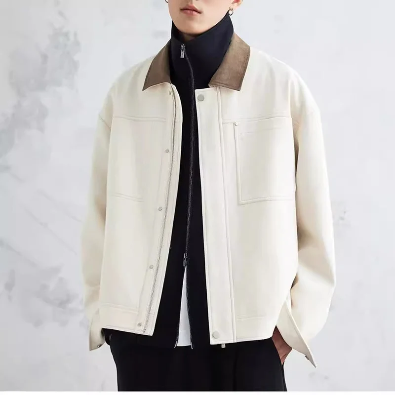 Herren Boxy-Zipjacke aus strukturiertem Baumwollmix mit Lederkragen und verdeckter Druckknopfblende Nord Taschen