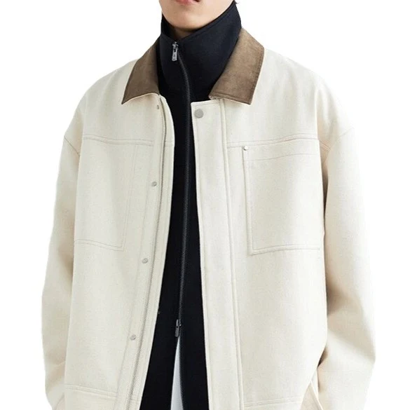 Herren Boxy-Zipjacke aus strukturiertem Baumwollmix mit Lederkragen und verdeckter Druckknopfblende Nord Taschen