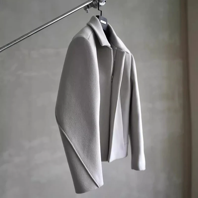 Damen Schlichter Wollmix-Kurzmantel mit verdecktem Reißverschluss und modernem Kragen Nord Taschen