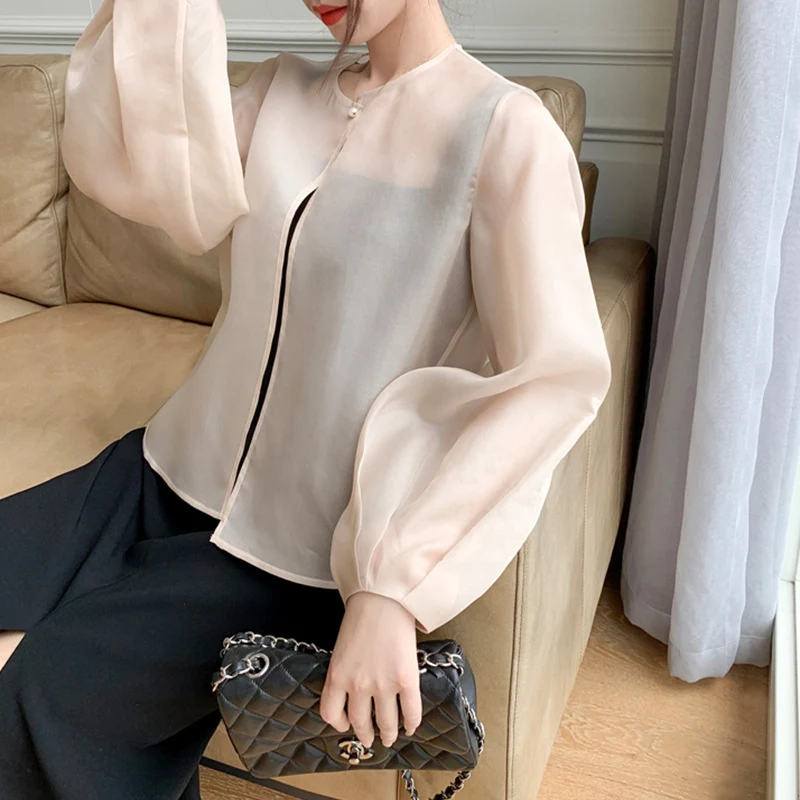 Damen Transparente Bluse mit Puffärmeln Nord Taschen