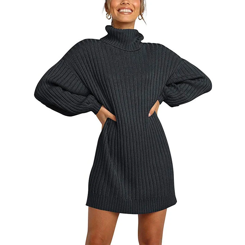 Damen Strickkleid mit hohem Kragen und weit geschnittenen Ärmeln