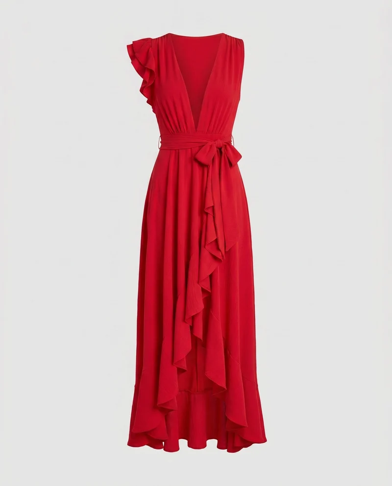 Damen Elegantes Maxikleid mit Volant und tiefem V-Ausschnitt
