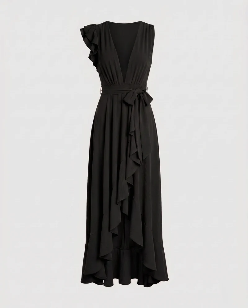 Damen Elegantes Maxikleid mit Volant und tiefem V-Ausschnitt