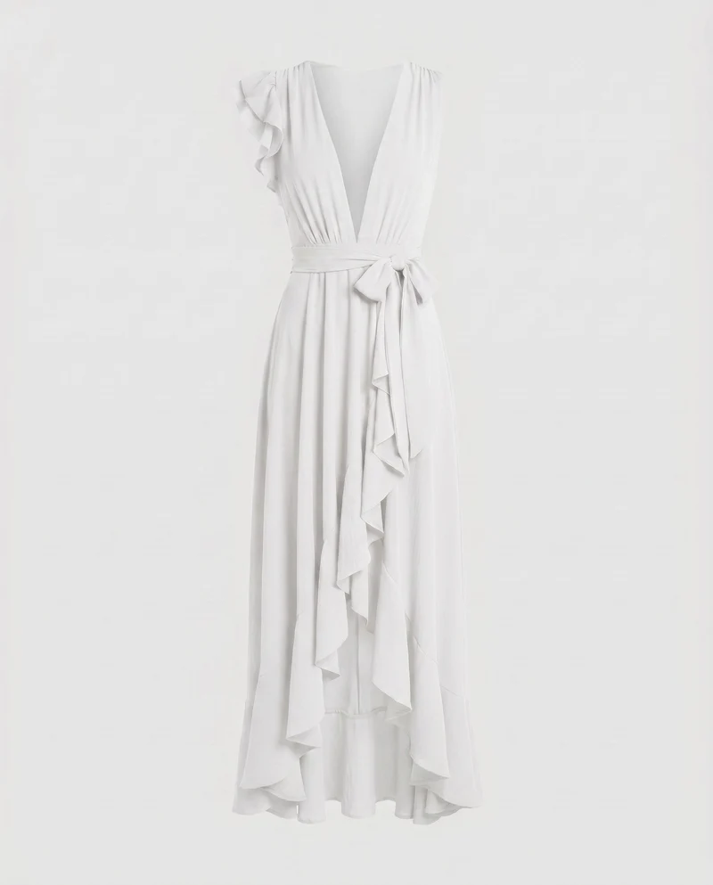 Damen Elegantes Maxikleid mit Volant und tiefem V-Ausschnitt
