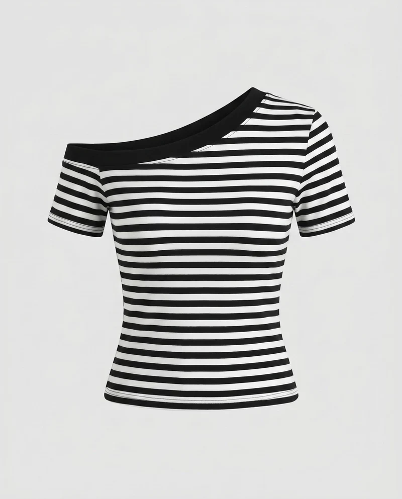Damen Off-Shoulder gestreiftes T-Shirt mit figurbetontem Schnitt