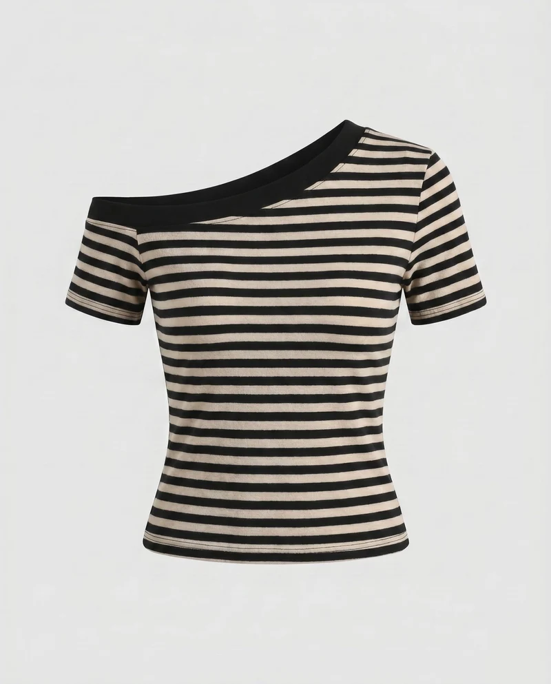 Damen Off-Shoulder gestreiftes T-Shirt mit figurbetontem Schnitt