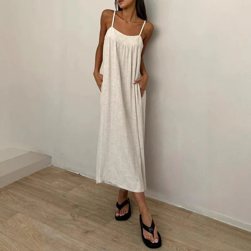 Damen luftiges Maxikleid mit breitem Schnitt und praktischen Taschen