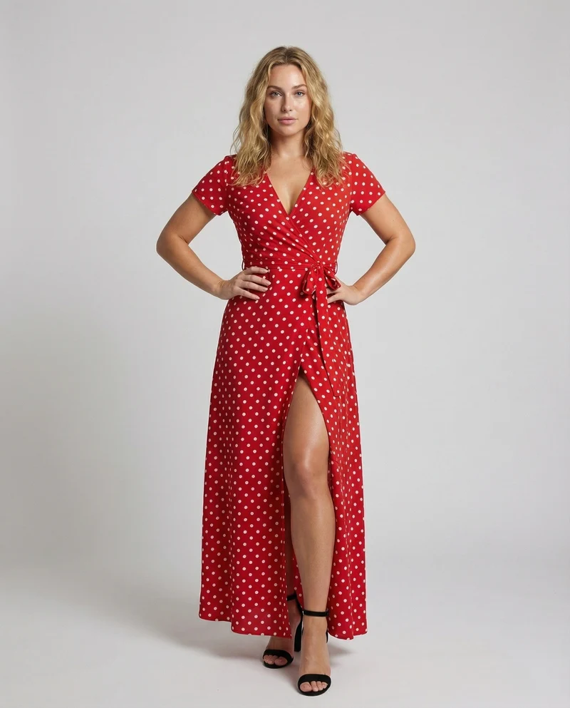 Damen Polka-Dot-Wickel-Maxikleid