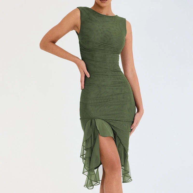 Damen figurbetontes Cocktailkleid mit raffinierten Rüschendetails und asymmetrischem Saum