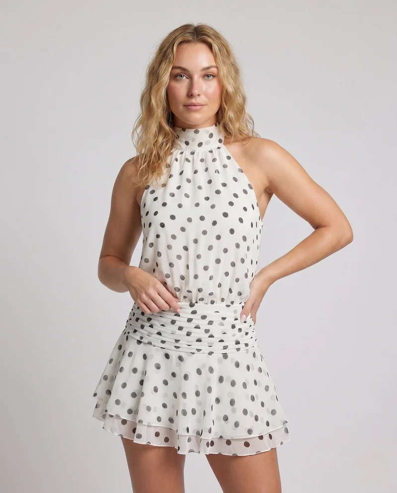 Damen Polka Dot Halterneck Minikleid mit Rüschensaum