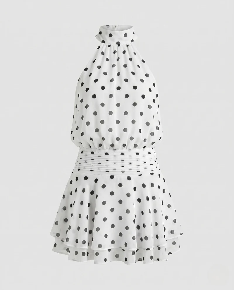 Damen Polka Dot Halterneck Minikleid mit Rüschensaum