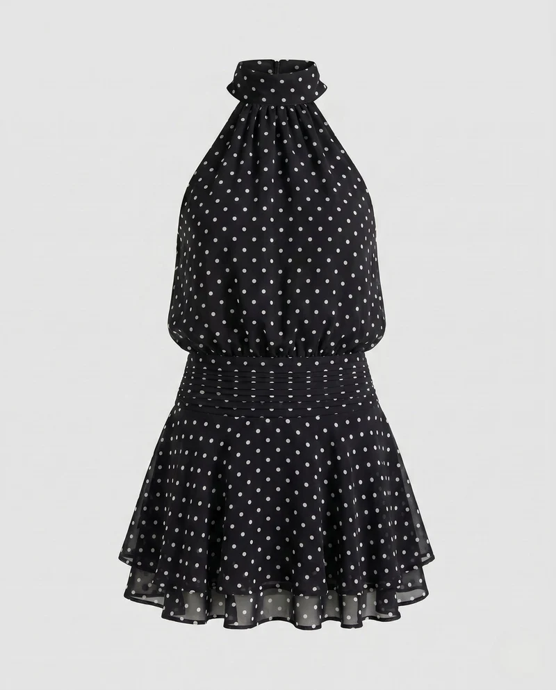 Damen Polka Dot Halterneck Minikleid mit Rüschensaum