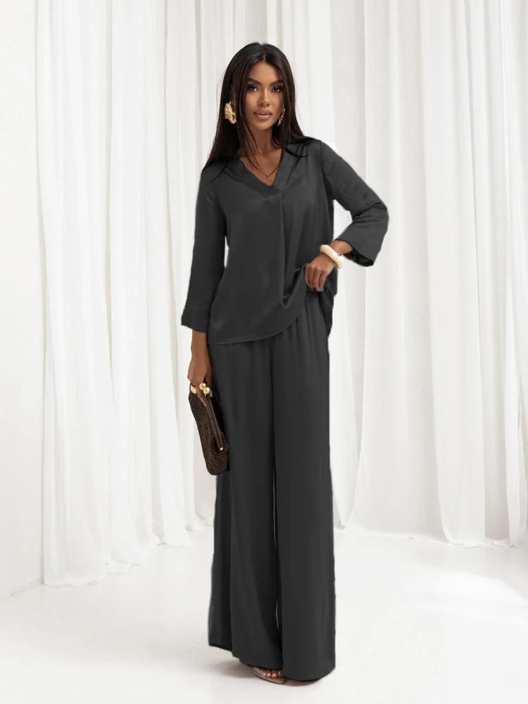 Damen elegantes Satin-Loungewear-Set mit weitem Schnitt und klassischem Revers Nord Taschen
