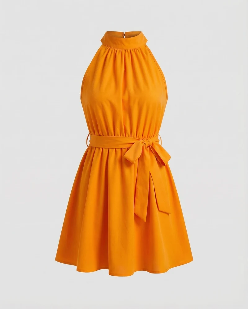 Damen Schlichte Taillierter Bindegürtel MischgewNord Taschene Sommerkleid