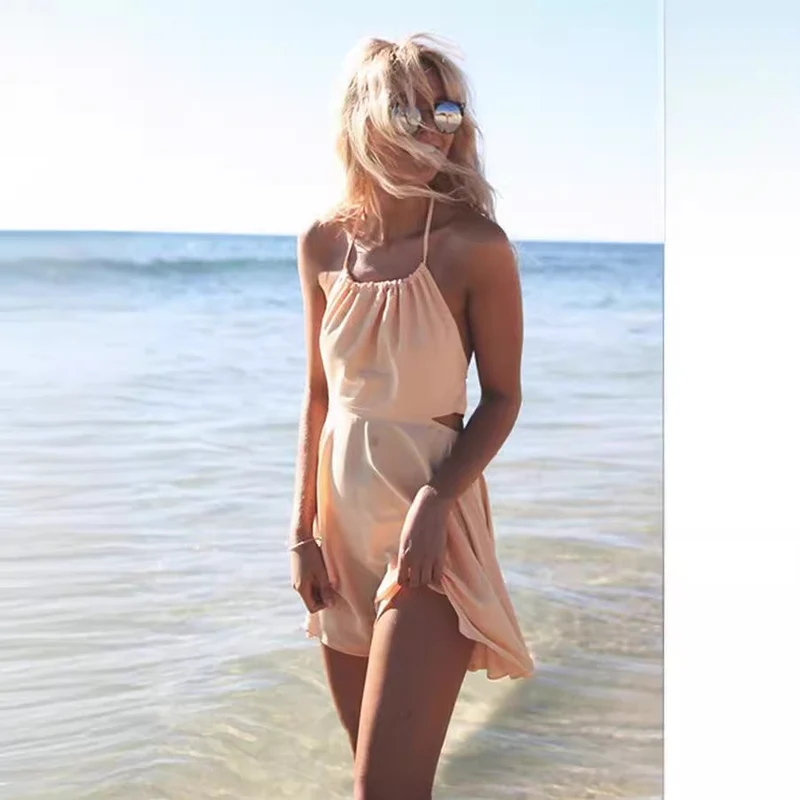 Damen Cut-Out Minikleid mit asymmetrischem Ausschnitt und fließendem Rock Nord Taschen