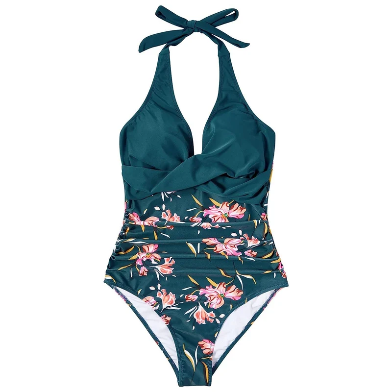 Damen Einteiler Badeanzug mit floralem Wickel-Design und verstellbaren Trägern