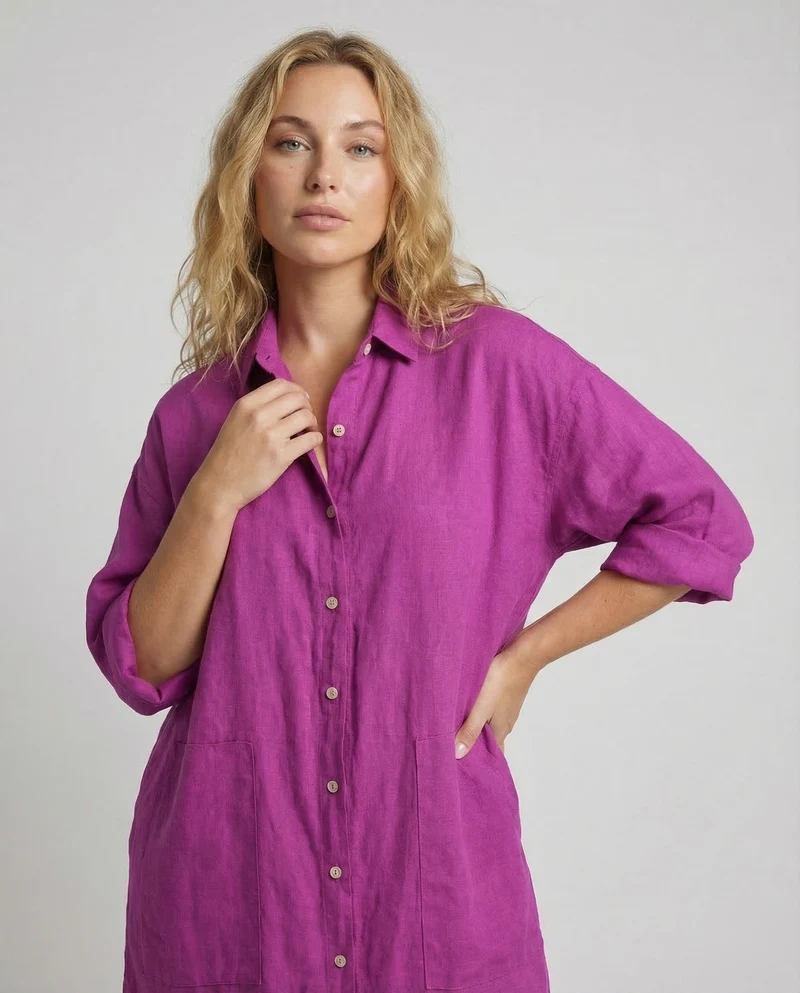 Damen A-Linien-Hemdkleid Leinenmischung